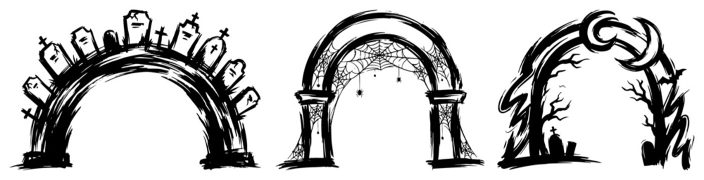 Halloween archway borders with graveyard spider web and crescent moon elements silhouette style