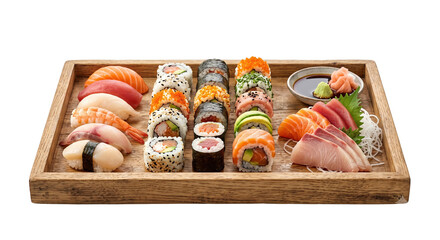Assorted sushi and sashimi platter on a wooden tray © shuphanida