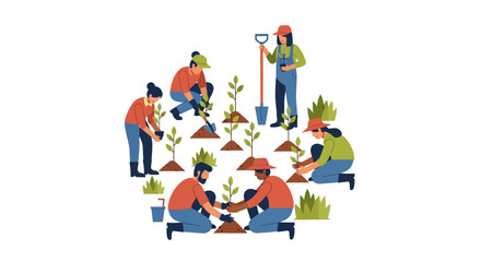 Fototapeta premium Diverse Community Group Planting Trees and Saplings for Reforestation and Environmental Conservation Illustration