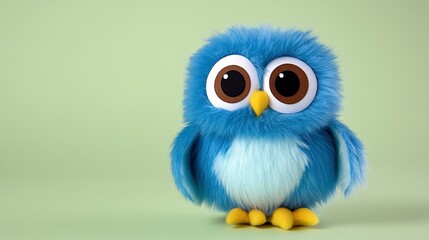Fototapeta premium Cute Blue Fluffy Owl Plush Toy on Light Green Background