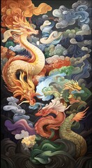Obraz premium Colorful fantasy dragons swirling among clouds in vibrant illustrated composition