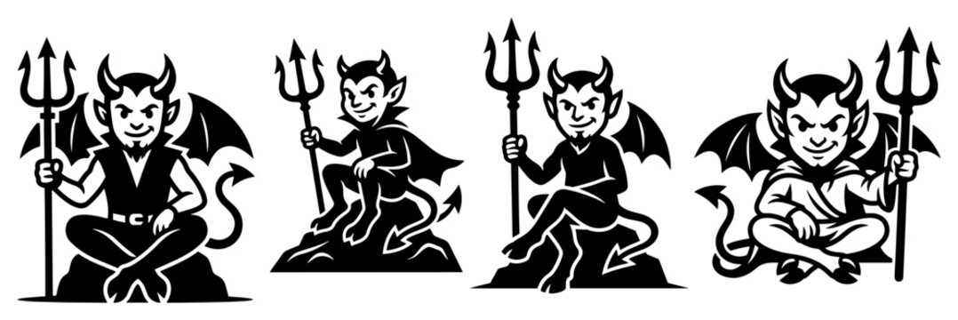 Little devil characters holding pitchforks in various poses in black and white silhouette style
