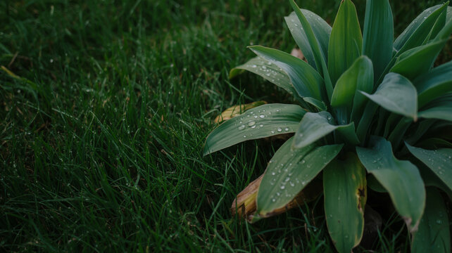 Close-up of green tropical plant leaves with water droplets