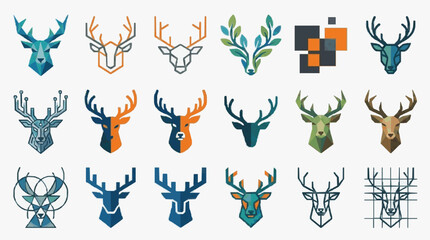Fototapeta premium Minimalist Modern Deer Heads Logo Design Collection with Geometric Shapes Abstract Patterns and Color Variations