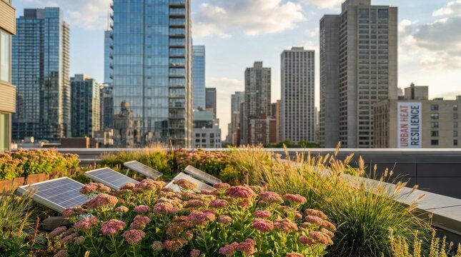 Innovative green roofs enhancing urban heat resilience in a contemporary city skyline