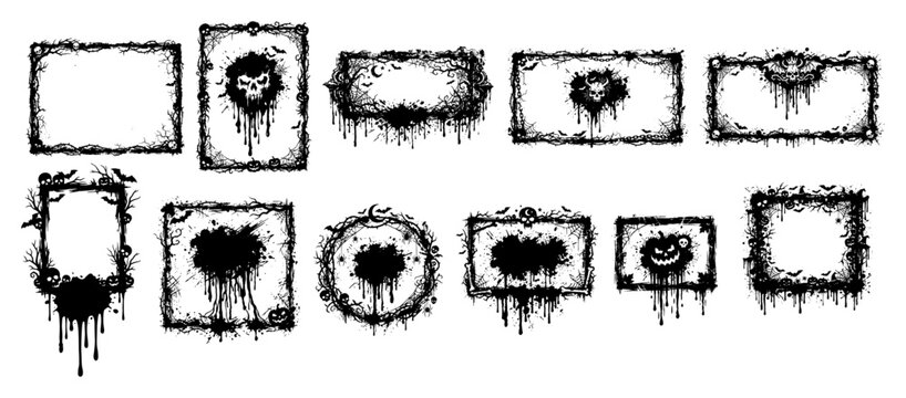 Spooky halloween frame collection with ink drips and gothic ornaments in graphic stencil style