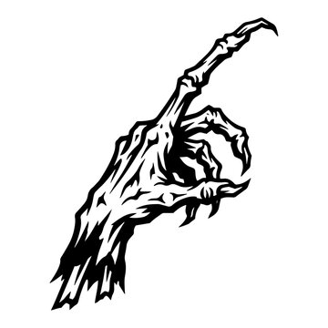 Zombie hand with long claws pointing up in bold high contrast silhouette style