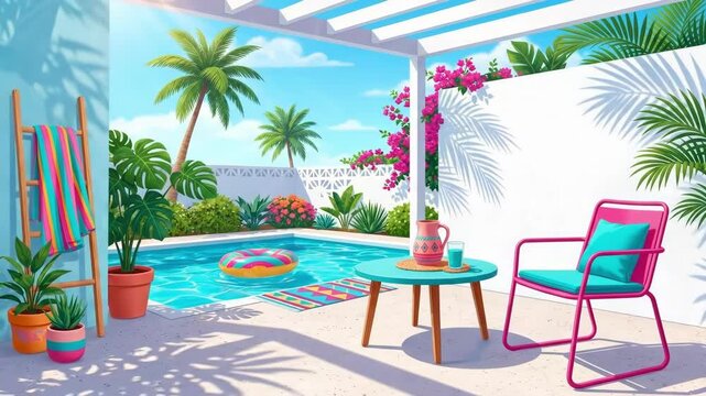 Tropical poolside patio with pink lounge chair and floating inflatable ring. Vibrant backyard oasis surrounded by palms and bougainvillea. Colorful summer relaxation scene for vacation and leisure