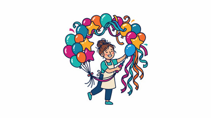 Fototapeta premium Illustration of a smiling young girl arranging a colorful balloon arch for a party.