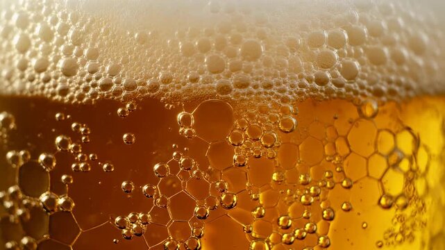 Extreme Close-Up of Beer Foam Structure, Tiny Hexagonal Bubbles over Golden Liquid