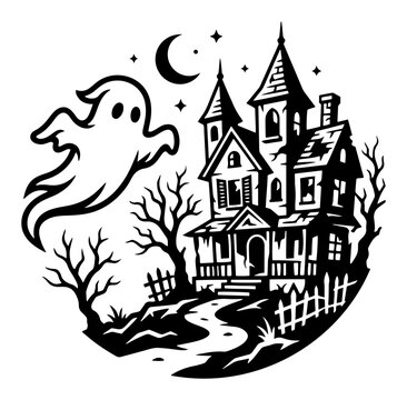 Haunted house mansion with flying ghost and crescent moon in circular spooky frame vector style