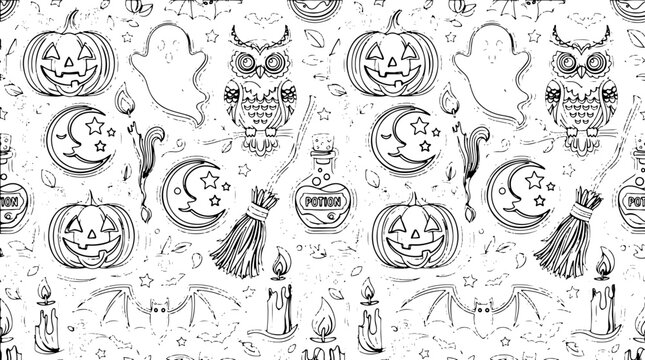 Halloween seamless pattern with pumpkins and owls