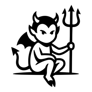 Cute little devil character with horns wings and pitchfork in bold cartoon vector style