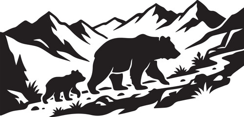 Black bear, cub, mountain landscape, vector silhouette, wildlife icons © Sobur