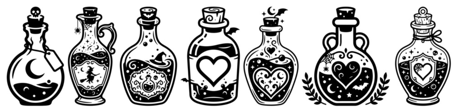 Magic potion bottles set with various mystical contents for witchcraft silhouette style