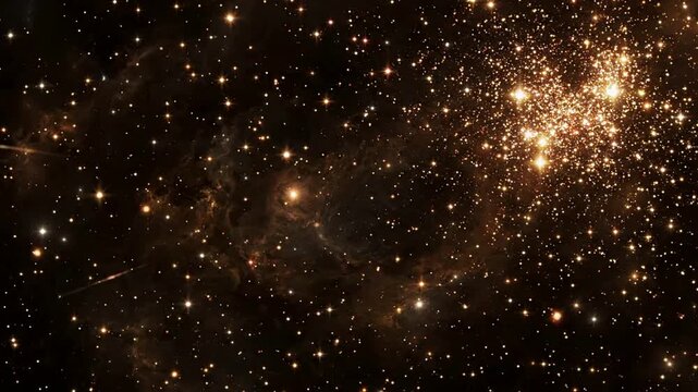 Cinematic deep space travel through golden star cluster and nebula clouds, hyperspace warp speed effect, abstract cosmic background