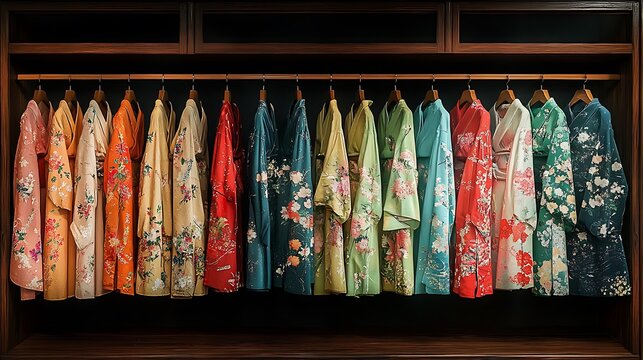 Colorful Kimonos Hanging in Traditional Closet.