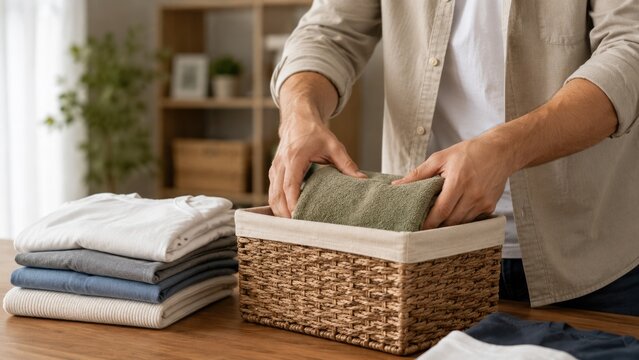 Man Organizing Folded Clothes into Storage Basket for Home Organization