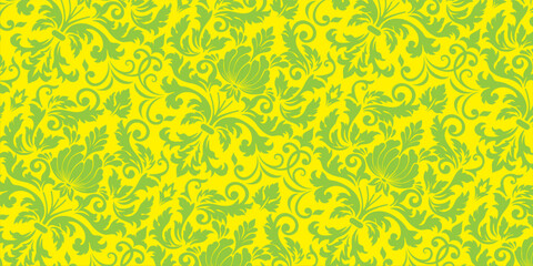 Damask pattern, floral ornament, seamless pattern, vintage design, decorative background, lime green floral motif, luxurious motif © BASRI69