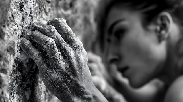 Prompt: A tight macro-influenced sports shot focusing on a female rock climber's chalk-covered hands gripping a small hold on an indoor climbing wall. Shot on a 105mm macro lens, f/2.8, showcasing 