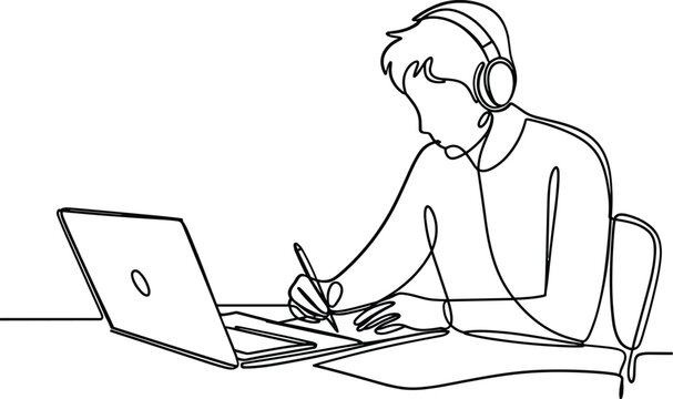 Focused Student Studying with Laptop, Online Learning Line Art Vector Illustration for Education Productivity Concept Design