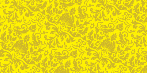 Damask pattern, floral ornament, seamless pattern, vintage design, decorative background, mustard yellow floral motif, luxurious motif © BASRI69