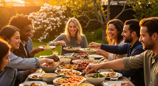 Friends share a large outdoor dinner party with various dishes served on a long wooden table during a warm evening.