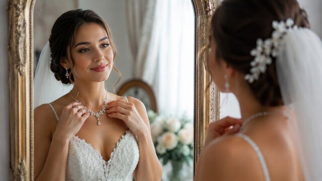 Beautiful Bride Adjusting Elegant Diamond Necklace While Looking in Mirror