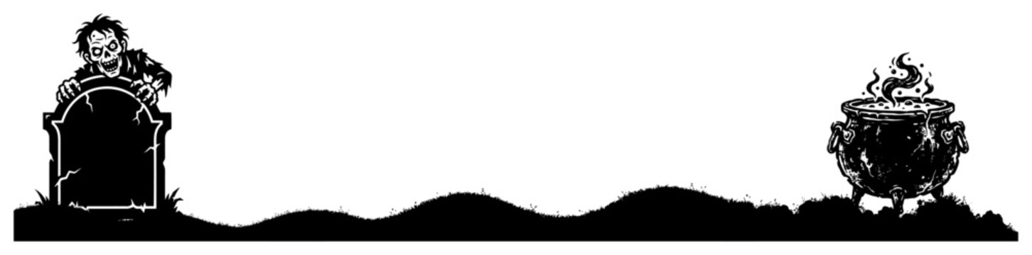 Spooky landscape footer with zombie behind tombstone and bubbling cauldron silhouette style