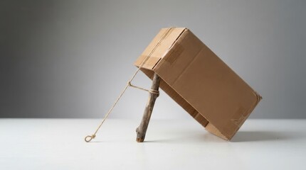 Fototapeta na wymiar Homemade cardboard box trap propped up by a stick and string on a light gray surface, concept of trapping