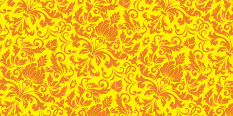 Damask pattern, floral ornament, seamless pattern, vintage design, decorative background, bright orange floral motif, luxurious motif © BASRI69