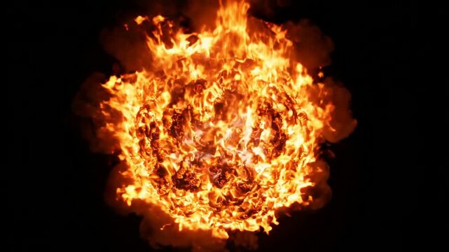 Massive fireball explosion isolated on black background, high-speed cinematic pyrotechnic blast effect for action and vfx compositing