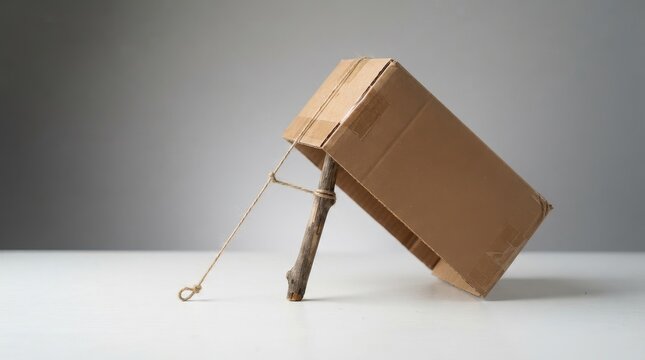 Homemade cardboard box trap propped up by a stick and string on a light gray surface, concept of trapping