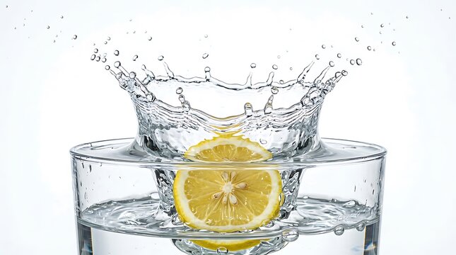 Fresh yellow lemon slice falling into a clear glass of water creating a dynamic liquid splash effect