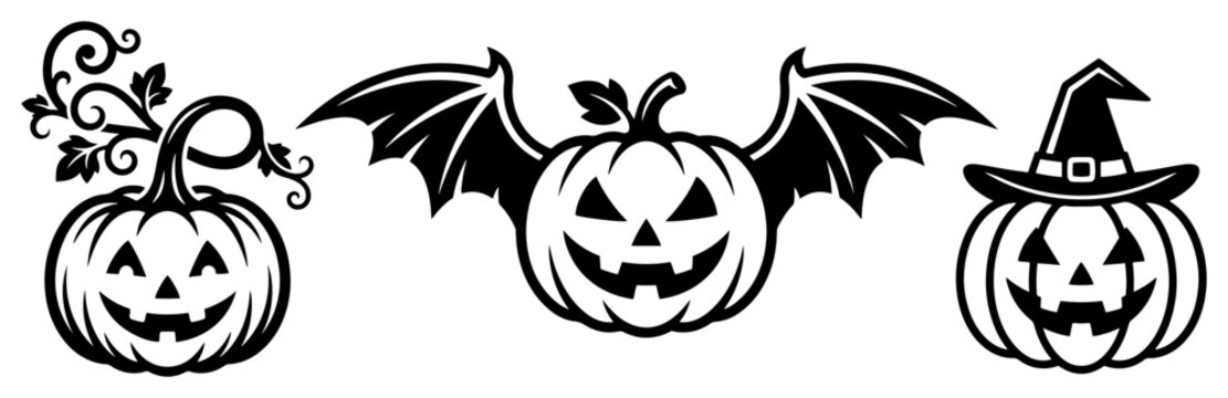Halloween pumpkins with bat wings and witch hat in black and white silhouette style