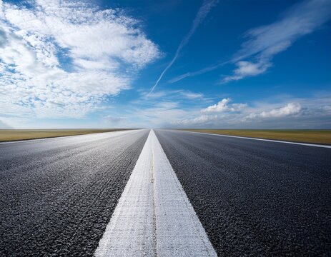 vanishing point of view from an airport track blue sky background