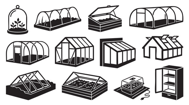 Greenhouse vector icon set, various types of greenhouses, cold frames, and plant propagation.