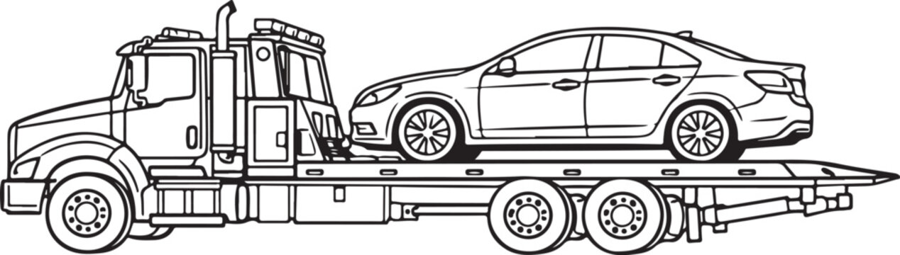 Heavy duty tow truck carrying modern sedan car on flatbed trailer assistance service for accident recovery outline line art silhouette vector