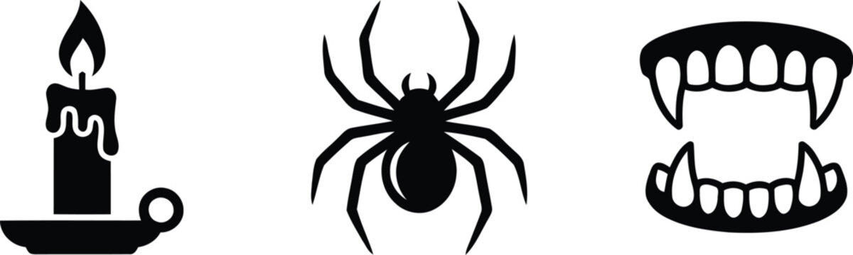 Halloween icons set with candle spider and vampire teeth