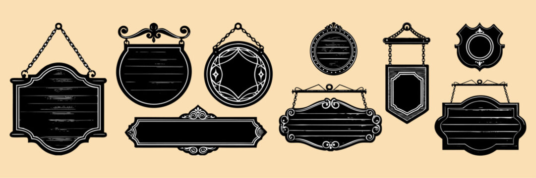 A versatile collection of blank vintage chalkboard signs, decorative textured blackboard plaques, and classic hanging labels with ornate borders and retro hanging fixtures.