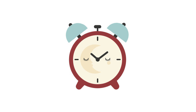 Cute alarm clock design featuring a sleeping crescent moon face with closed eyelashes inside the dial on white.