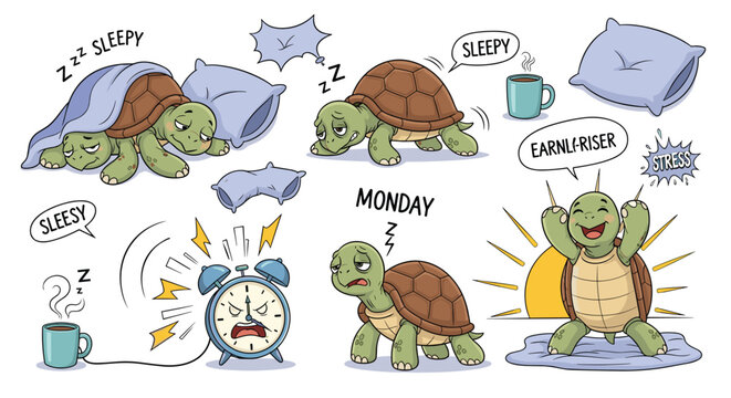 Cute turtle cartoon character vector set showcasing healthy lifestyle habits including exercise sleeping tracking routine drinking water and meditation
