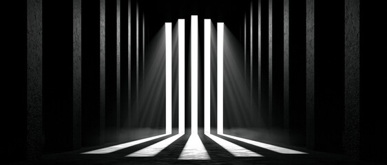 Obraz premium Towering vertical columns of pure volumetric light descending through an almost invisible atmospheric mist inside a vast undefined dark space