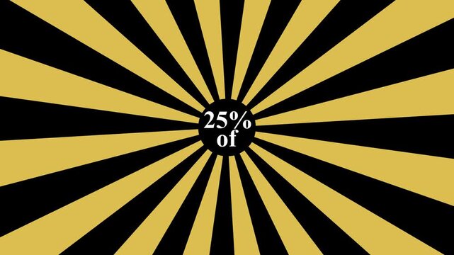 Comic retro background. Sunburst, radial, sunlight, 25% discount/of ,circus, stripe background rotation Fantastic tunnel, .Abstract tunnel .Wallpaper with yellow shapes.4k animation motion ..