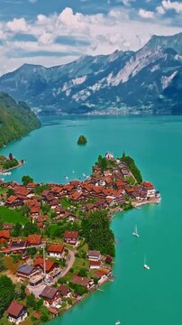 Aerial view of Iseltwald on Interlaken lake in Switzerland. Beautiful Swiss nature