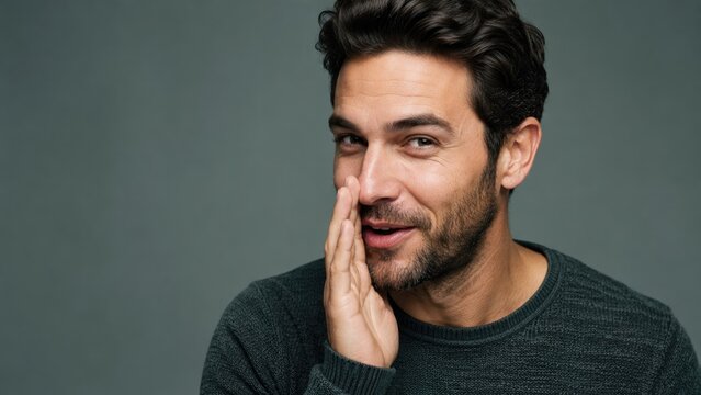 Man Whispering Secret with Hand Near Mouth on Gray Studio Background