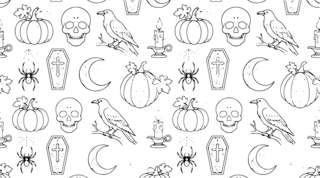 Halloween coloring page seamless pattern with pumpkins, skulls, crows, candles, spiders, and coffins