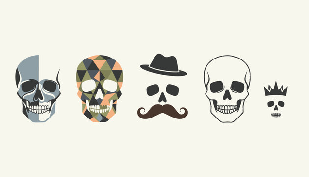 Collection of stylized human skulls featuring different designs such as geometric patterns, a crown, and a mustache.