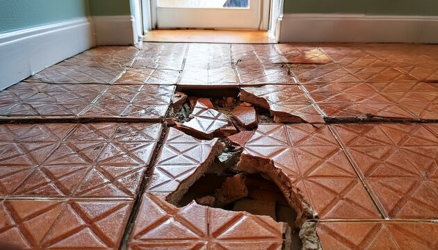 compromised floor broken tile exposes plumbing issue close up low perspective