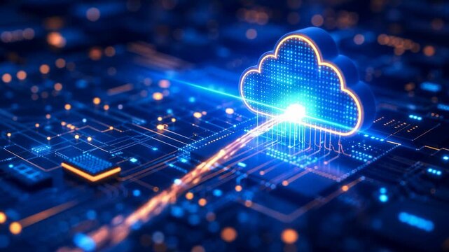 cybersecurity. Digital cloud computing technology with glowing data connections on circuit board background